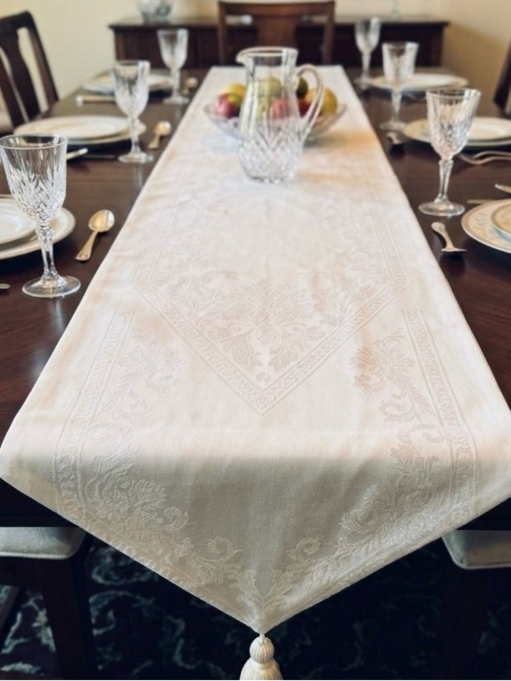 White Damask Table Runner Linens Floral Wedding Shower 89”-96”
